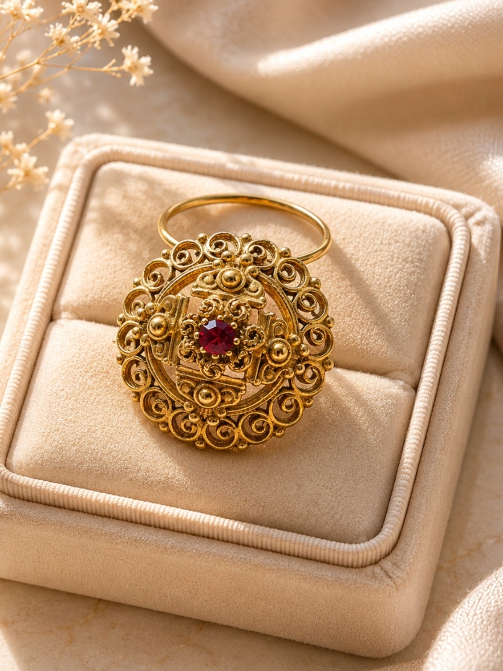 Gold Filigree Scarf Ring with Red Gem - Elegant Women’s Jewelry